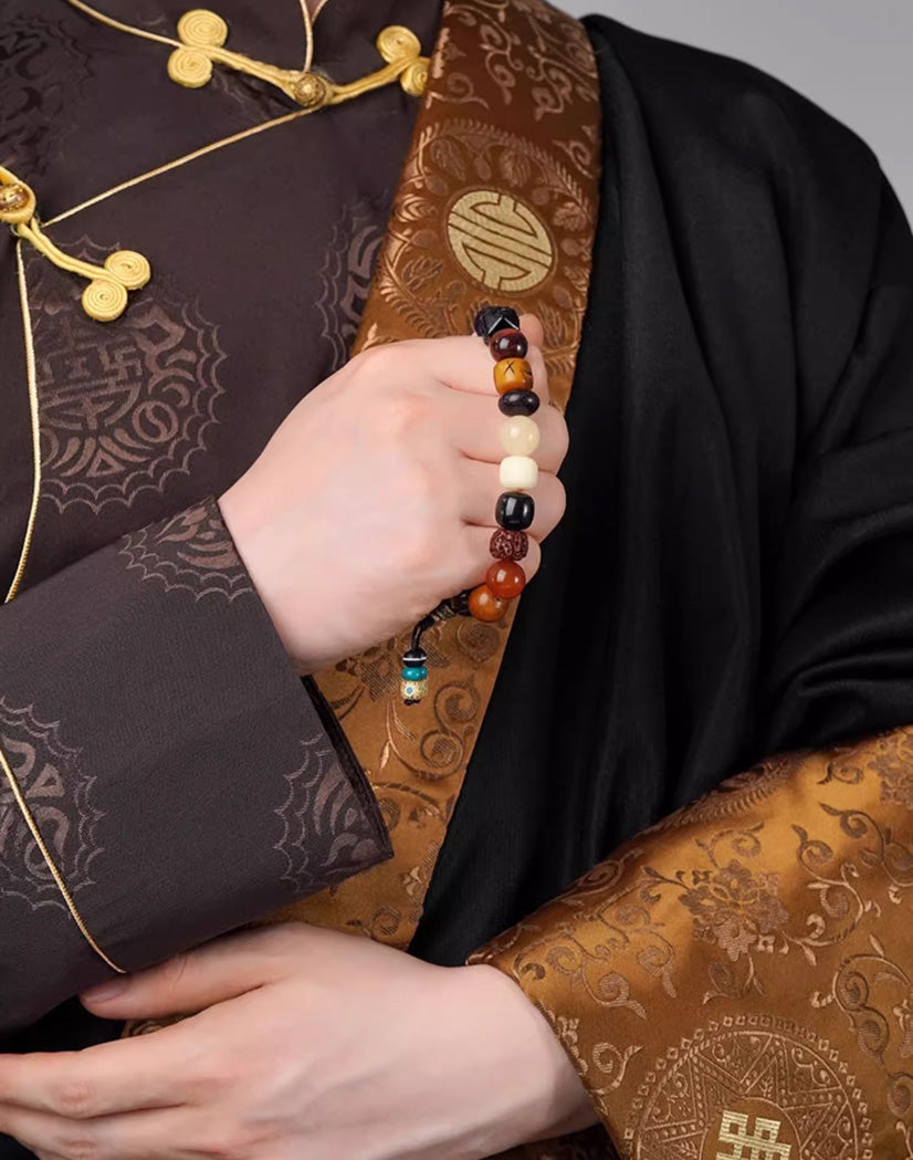 Tibetan Obsidian & Tiger Tooth Dzi Bead Bracelet – Potala Palace Inspired Mala Jewelry