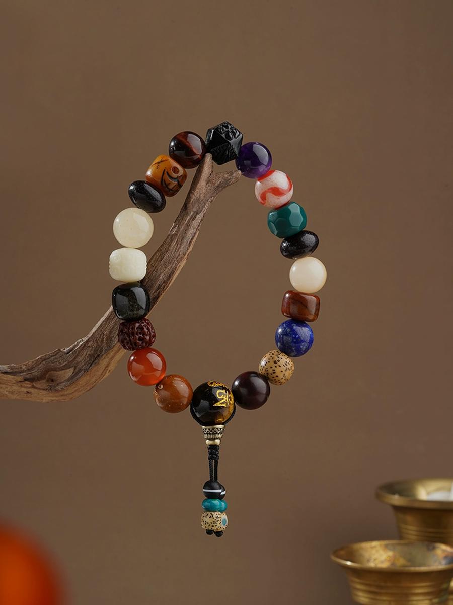 Tibetan Obsidian & Tiger Tooth Dzi Bead Bracelet – Potala Palace Inspired Mala Jewelry