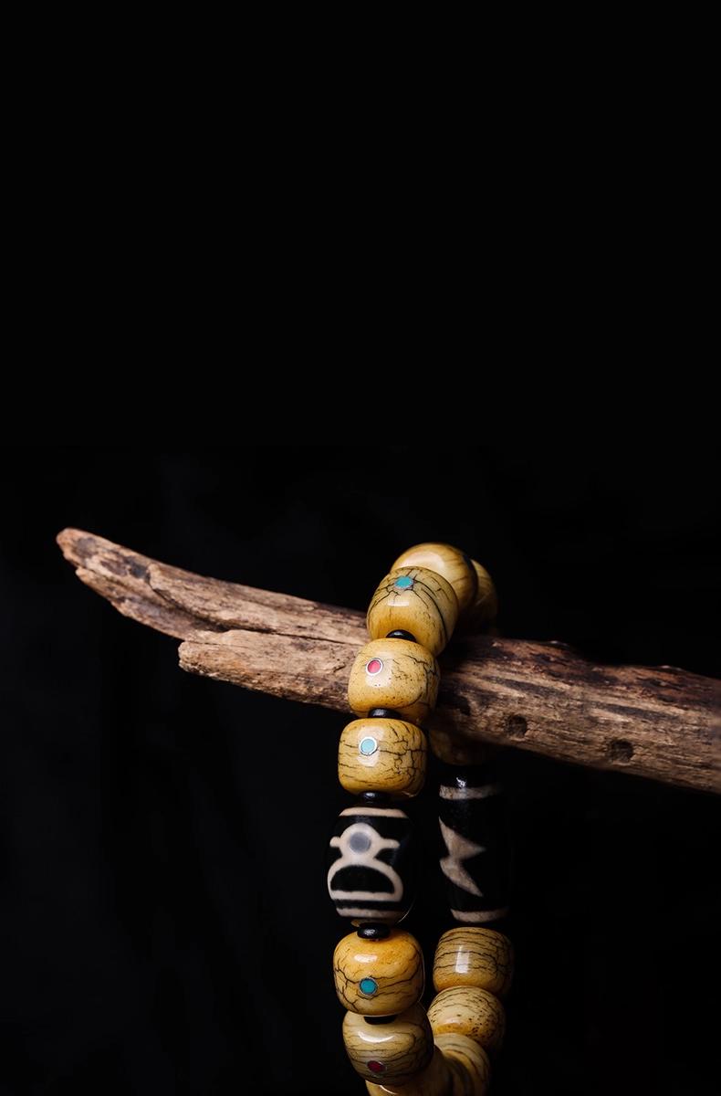 Tibetan Nine-Eyed Dzi Bead & Carved Yak Bone Bracelet – Inspired by Potala Palace Treasures
