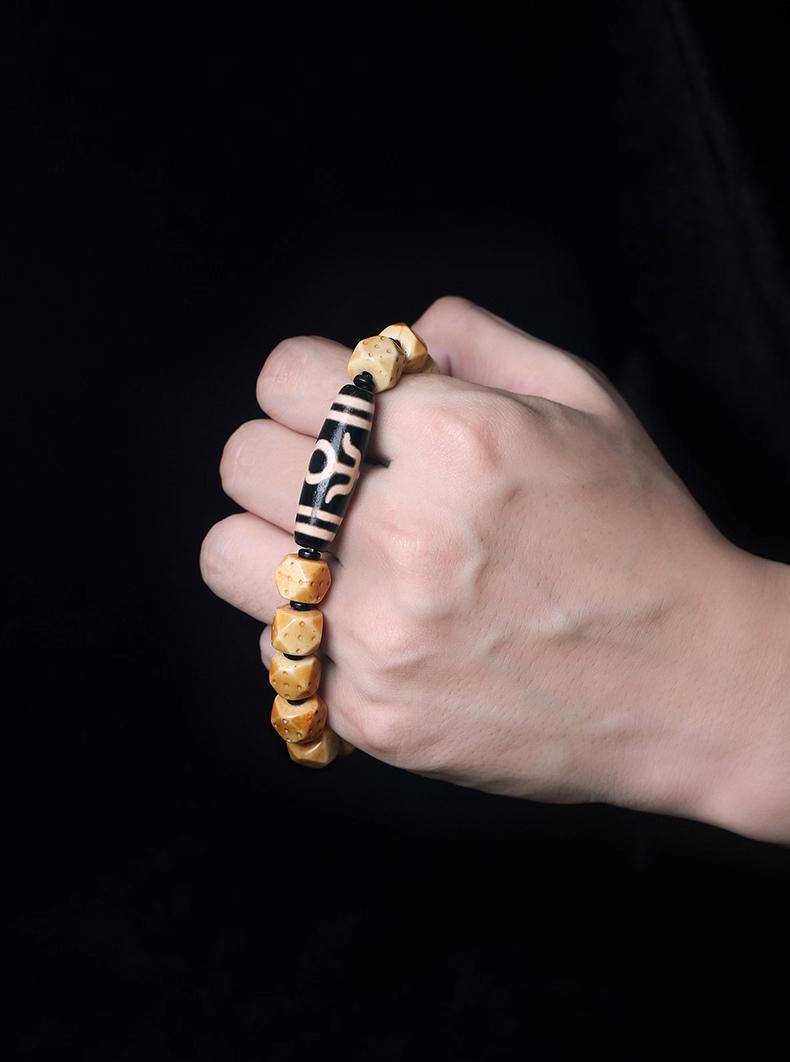 Tibetan Nine-Eyed Dzi Bead & Carved Yak Bone Bracelet – Inspired by Potala Palace Treasures