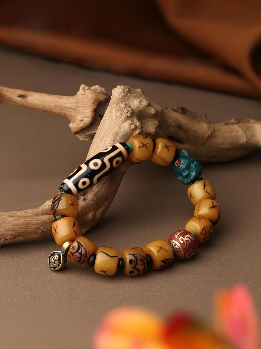 Tibetan Nine-Eyed Dzi Bead & Yak Bone Bracelet – With Potala Palace Ash Bead & Agate Charm