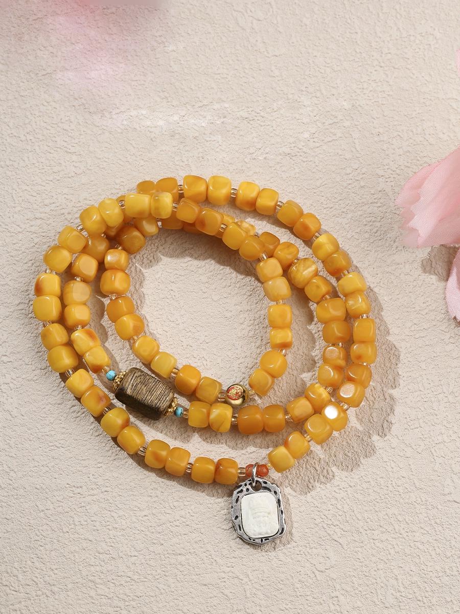 Tibetan Amber Multi-Layer Bracelet – Handmade Mala with Agarwood & 925 Silver Accents