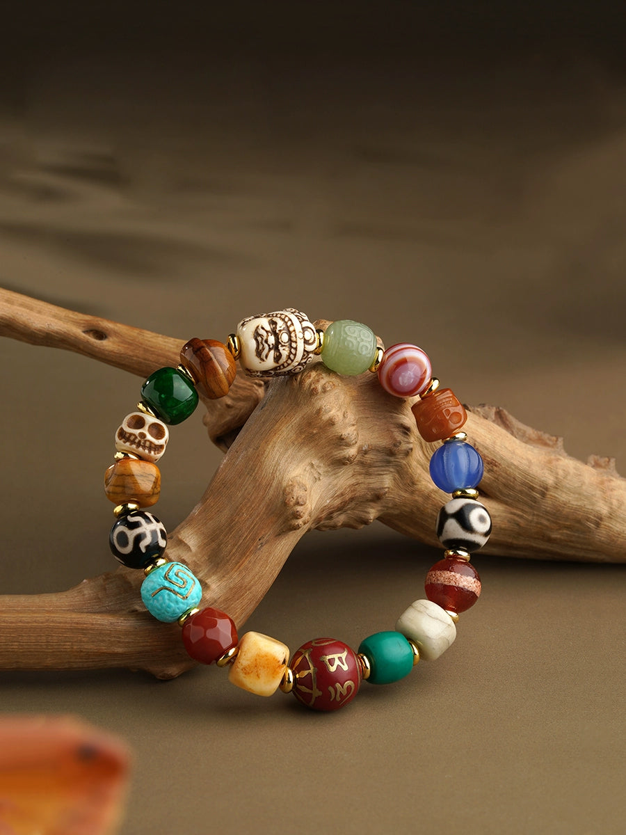 Tibetan Yak Bone & Gemstone Treasure Bead Bracelet – With Red Ash Mantra Bead