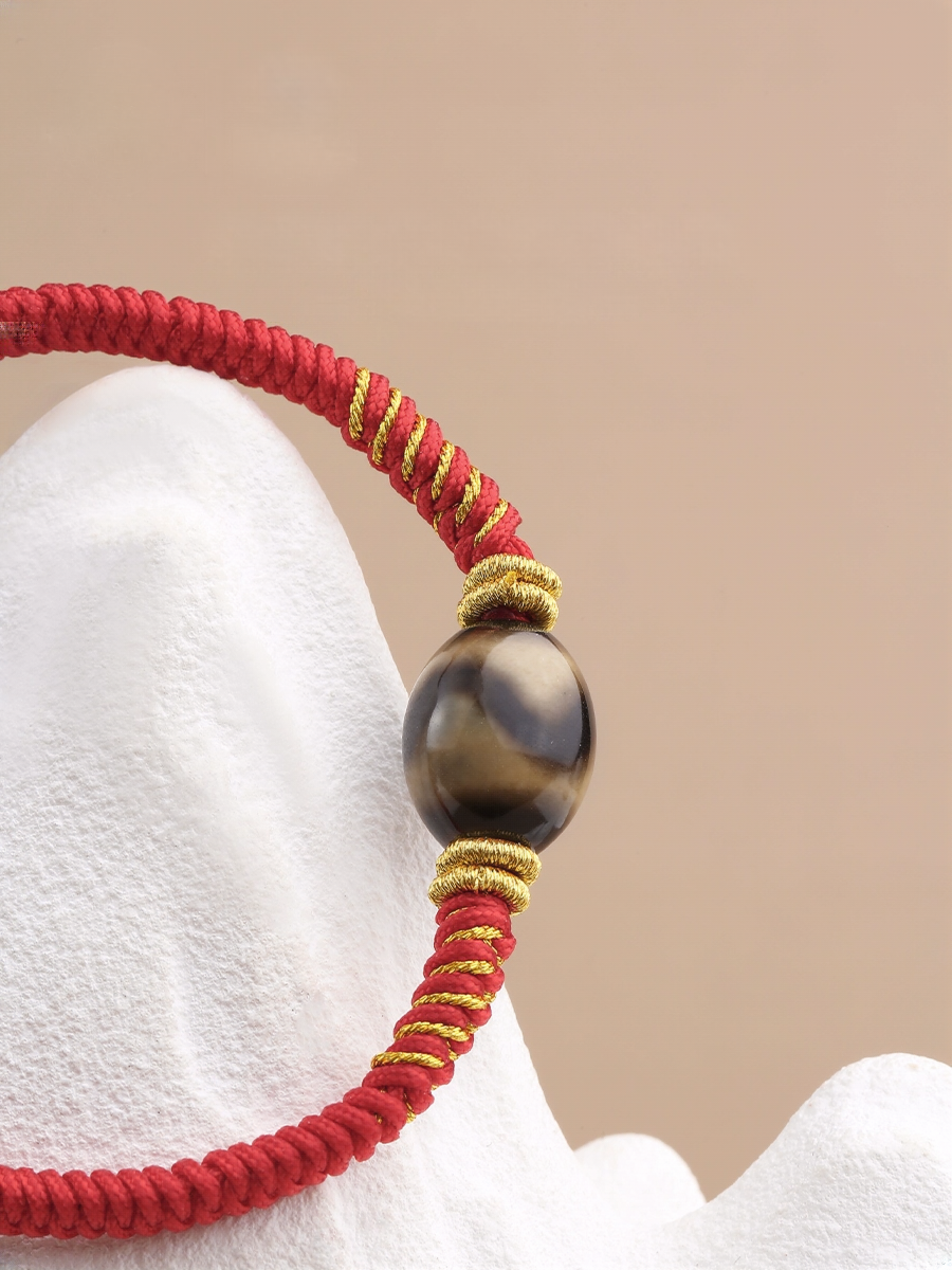 Potala Palace Three-Eye Dzi Bead Bracelet – Tibetan Lucky Amulet Handcrafted Unisex Red & Black Cord Bracelet