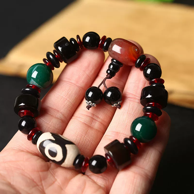 Tibetan Nine-Eyed Dzi Bead Bracelet – Genuine Agate Lucky Charm Bracelet for Men and Women