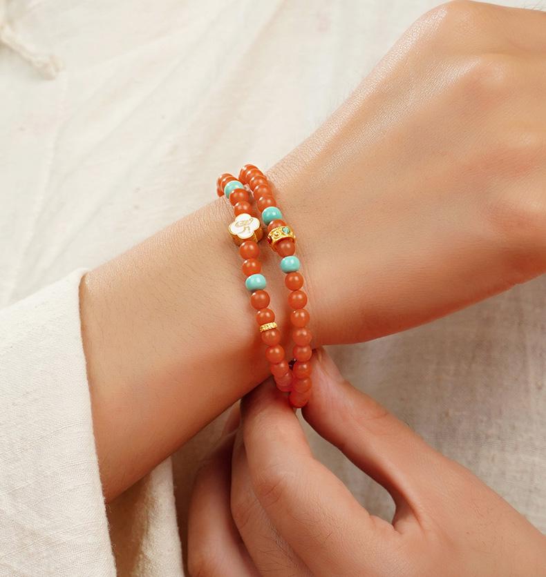 Potala Palace Baoshan South Red Agate & Turquoise Bracelet – Six-Word Mantra Tibetan Beaded Bracelet for Women