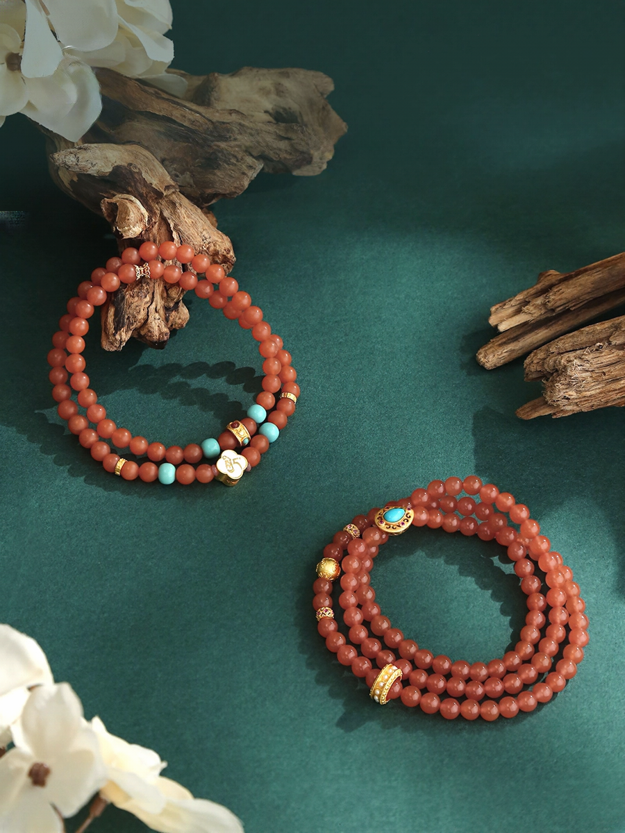 Potala Palace Baoshan South Red Agate & Turquoise Bracelet – Six-Word Mantra Tibetan Beaded Bracelet for Women