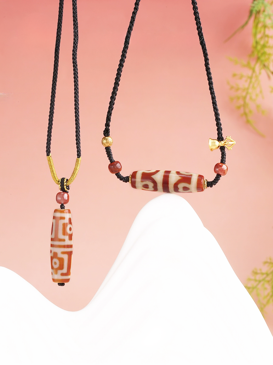 Potala Palace Red Coral Four-Eye & Six-Eye Dzi Bead Pendant – Tibetan Lucky Necklace with Agate & 925 Silver, Women’s Adjustable Cord