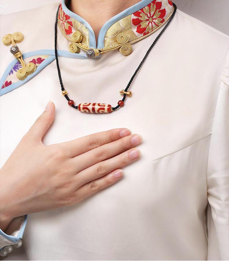 Potala Palace Red Coral Four-Eye & Six-Eye Dzi Bead Pendant – Tibetan Lucky Necklace with Agate & 925 Silver, Women’s Adjustable Cord