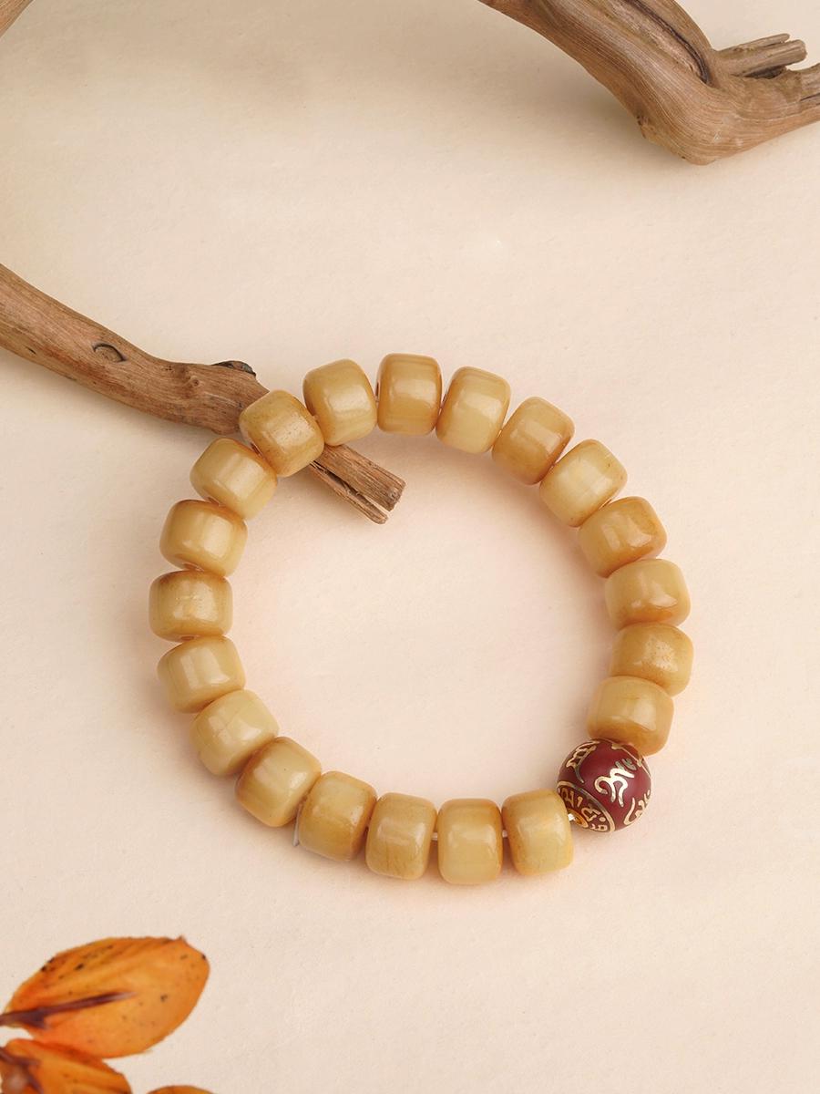 Tibetan Yak Bone & Red Ash Mantra Bead Bracelet – Handcrafted Buddhist Mala for Men