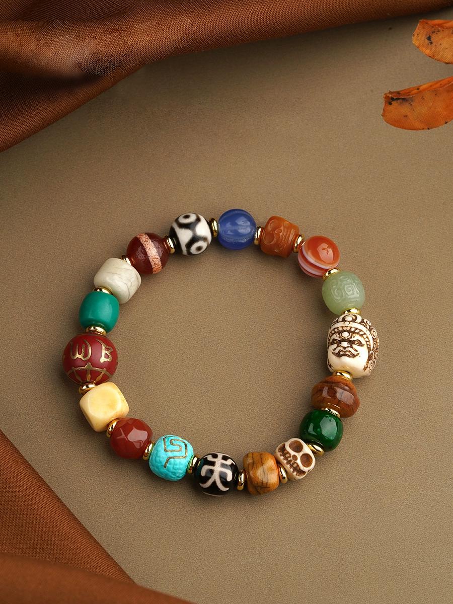 Tibetan Yak Bone & Gemstone Treasure Bead Bracelet – With Red Ash Mantra Bead