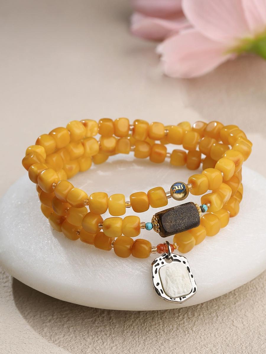 Tibetan Amber Multi-Layer Bracelet – Handmade Mala with Agarwood & 925 Silver Accents