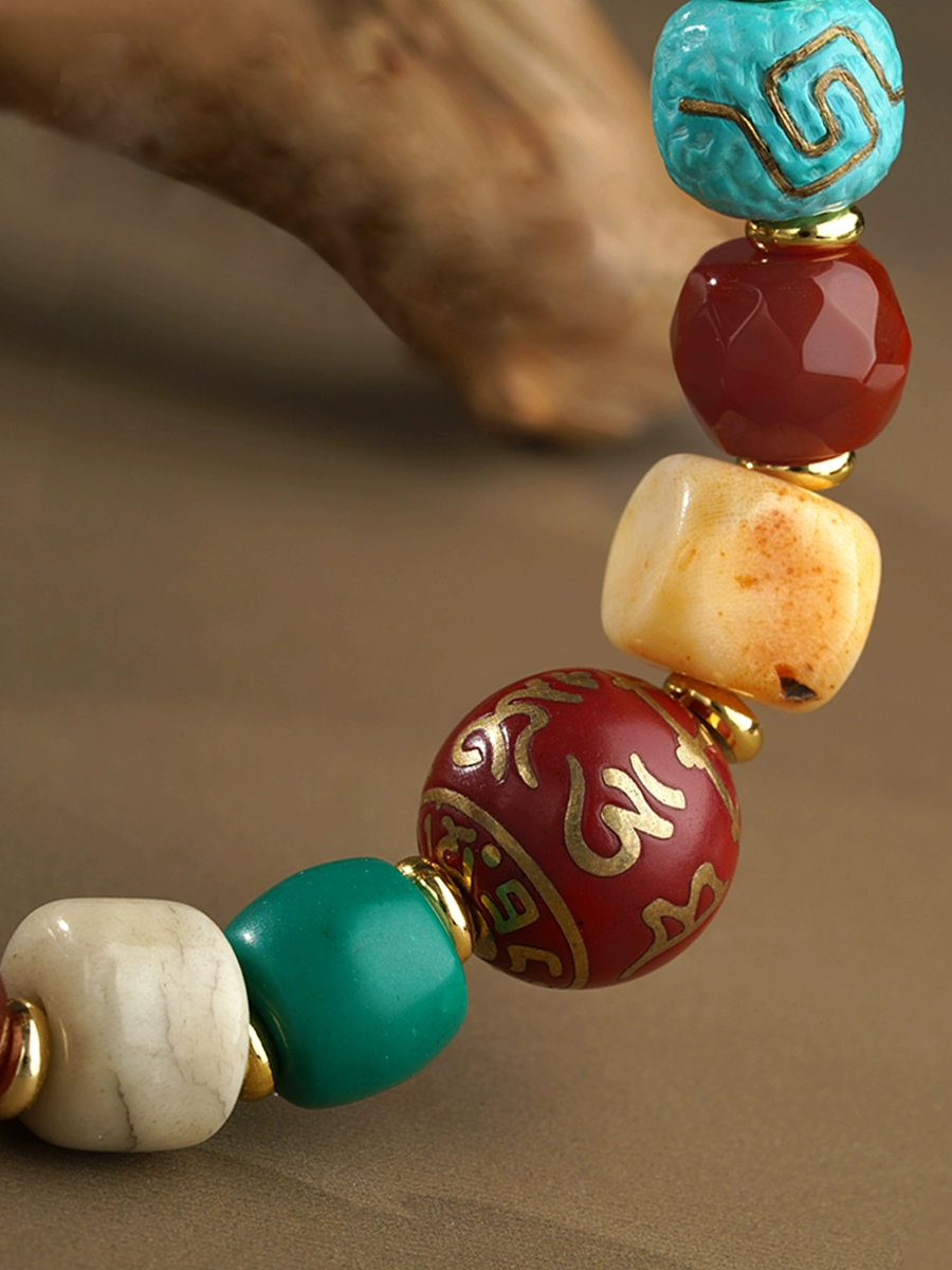 Tibetan Yak Bone & Gemstone Treasure Bead Bracelet – With Red Ash Mantra Bead