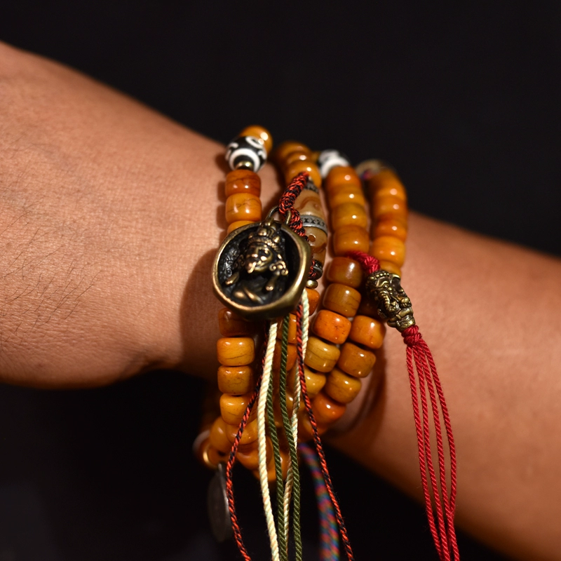 Tibetan Yak Bone 108 Bead Mala Bracelet – Handcrafted Buddhist Prayer Beads with Zajiram Amulet