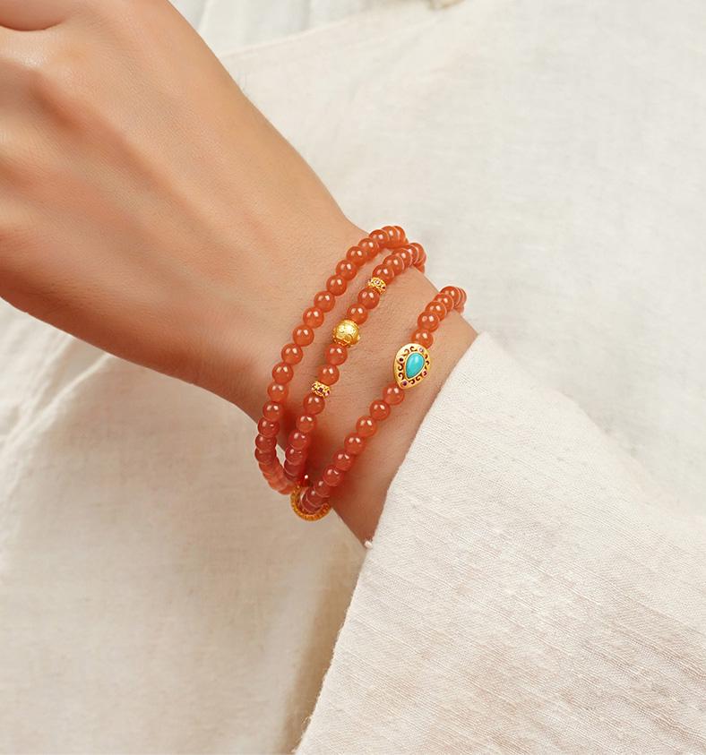 Potala Palace Baoshan South Red Agate & Turquoise Bracelet – Six-Word Mantra Tibetan Beaded Bracelet for Women