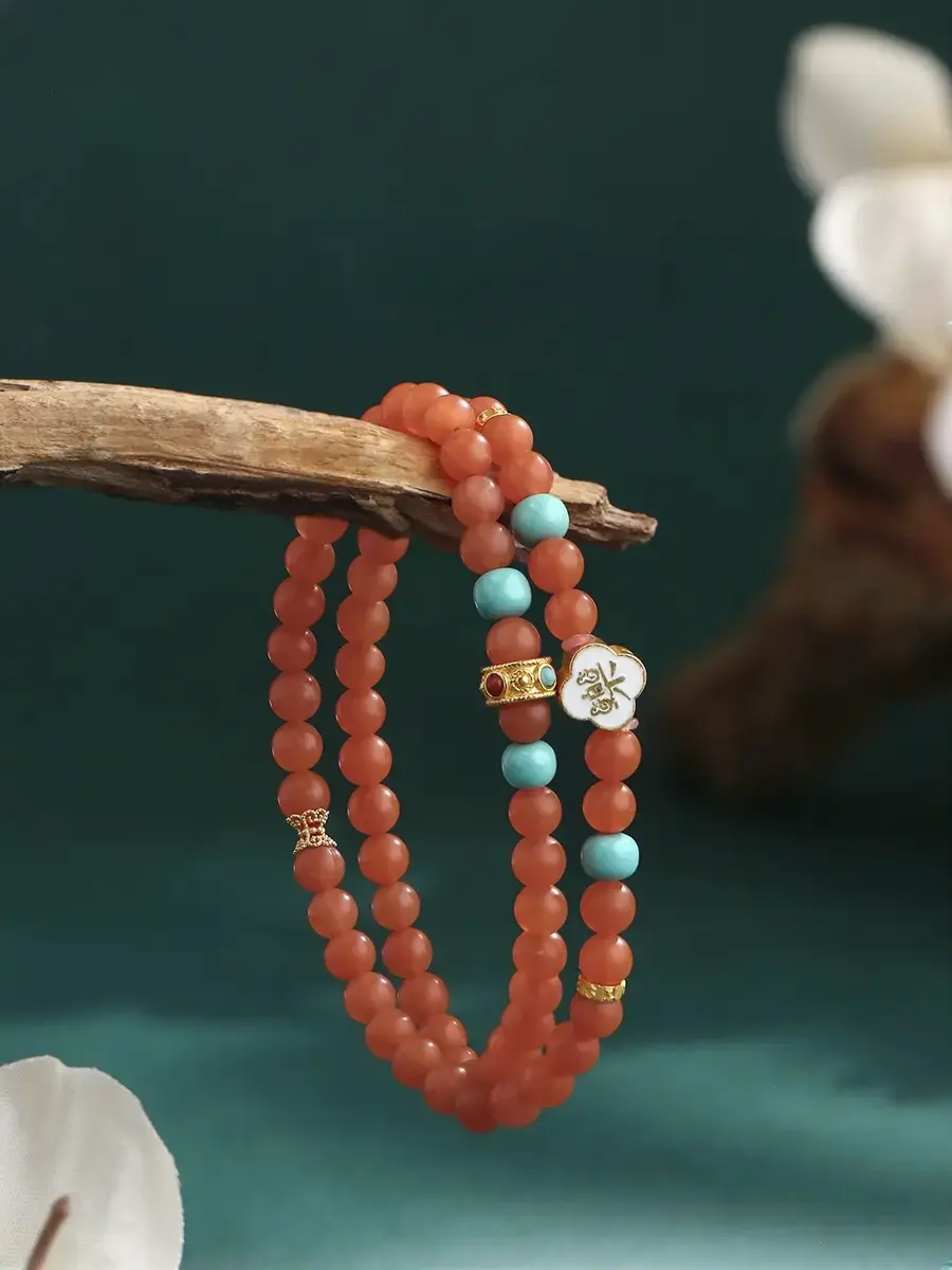 Potala Palace Baoshan South Red Agate & Turquoise Bracelet – Six-Word Mantra Tibetan Beaded Bracelet for Women