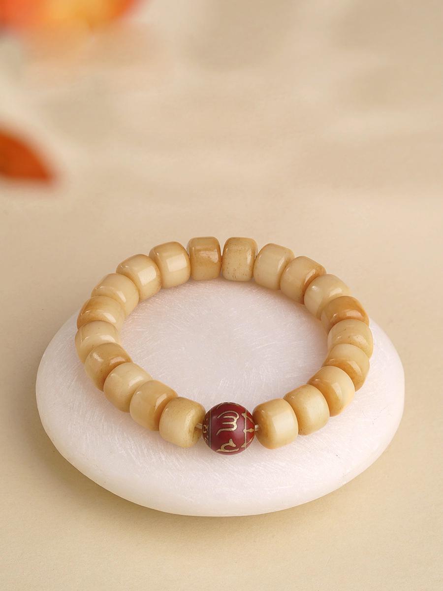 Tibetan Yak Bone & Red Ash Mantra Bead Bracelet – Handcrafted Buddhist Mala for Men