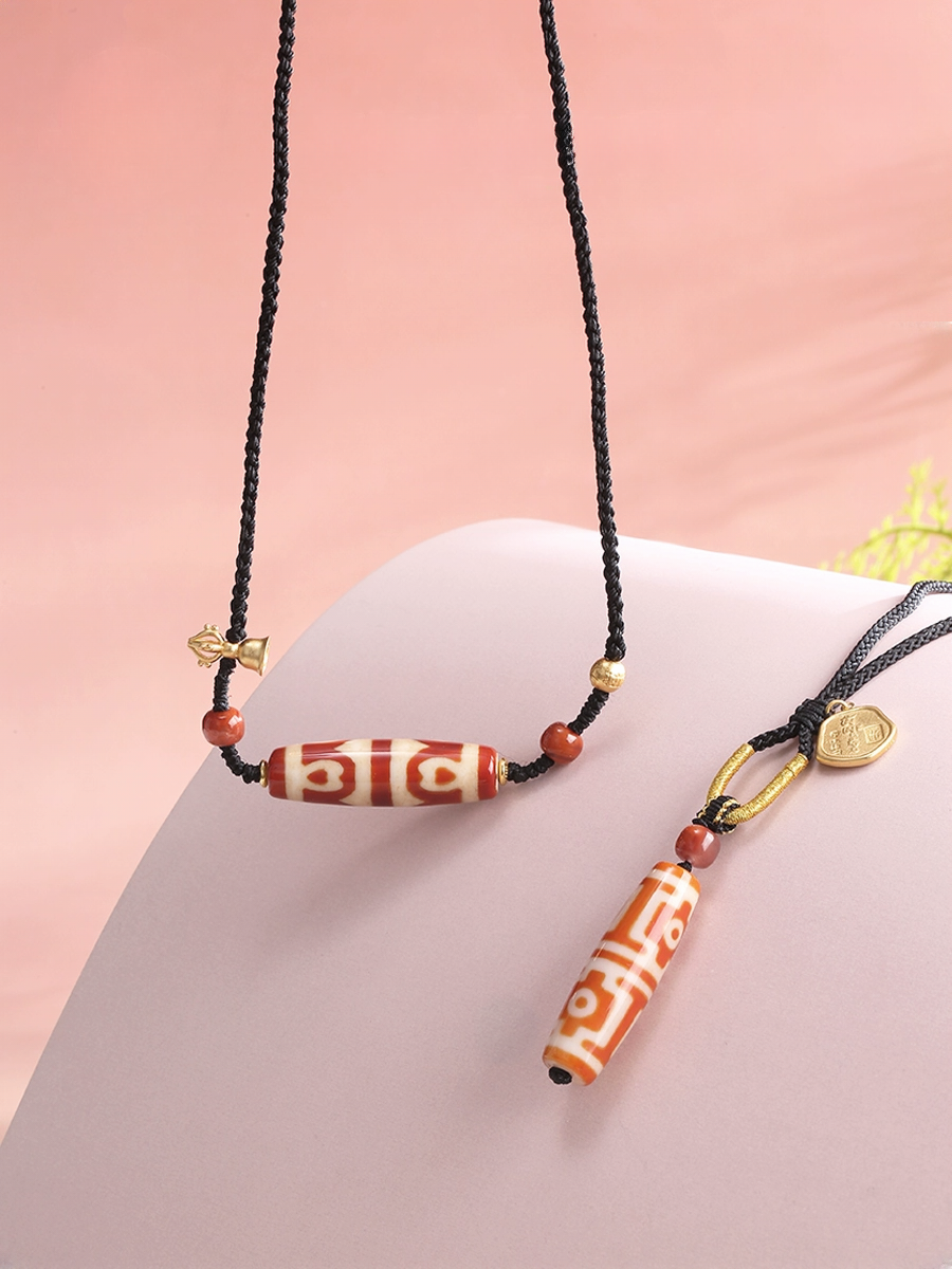 Potala Palace Red Coral Four-Eye & Six-Eye Dzi Bead Pendant – Tibetan Lucky Necklace with Agate & 925 Silver, Women’s Adjustable Cord