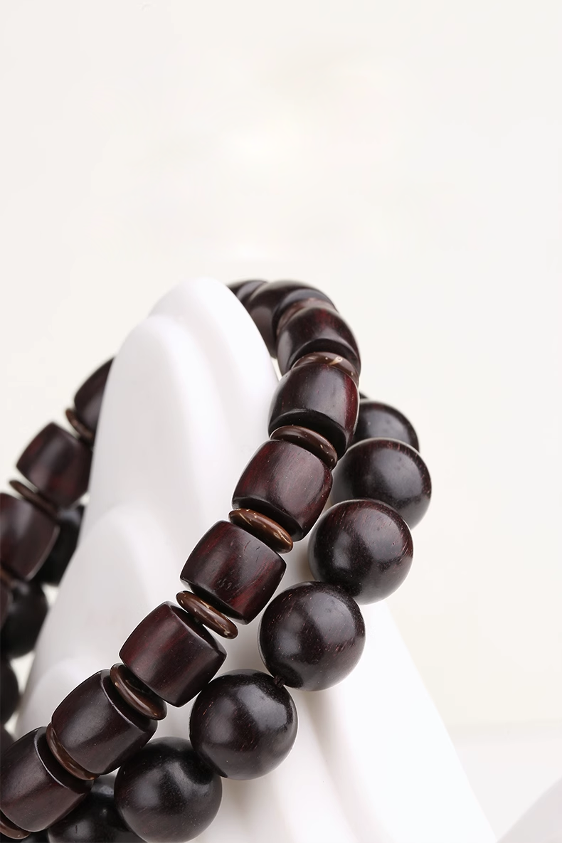 Tibetan Red Sandalwood “Golden Star” Prayer Bead Bracelet – With Mantra Ash Bead & Coconut Spacers