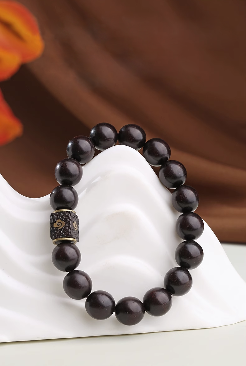 Tibetan Red Sandalwood “Golden Star” Prayer Bead Bracelet – With Mantra Ash Bead & Coconut Spacers