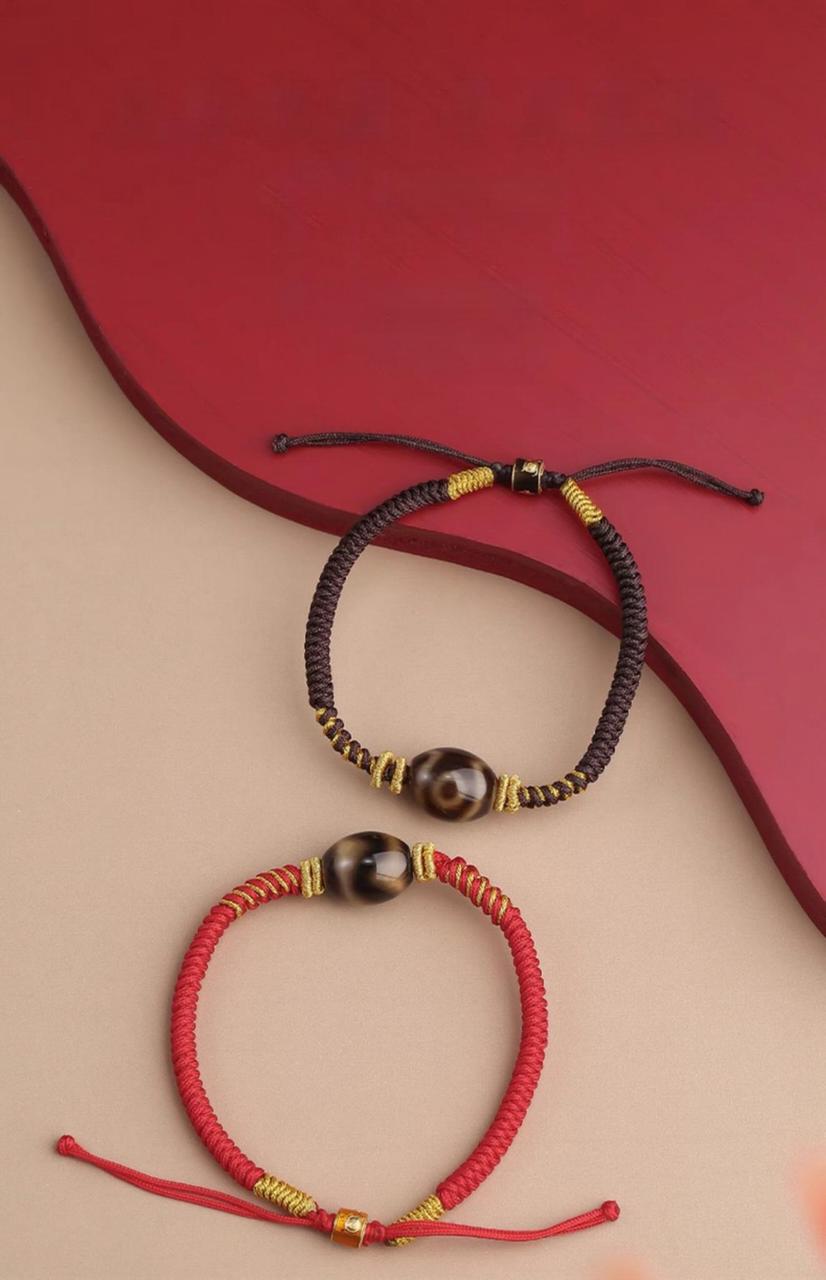 Potala Palace Three-Eye Dzi Bead Bracelet – Tibetan Lucky Amulet Handcrafted Unisex Red & Black Cord Bracelet