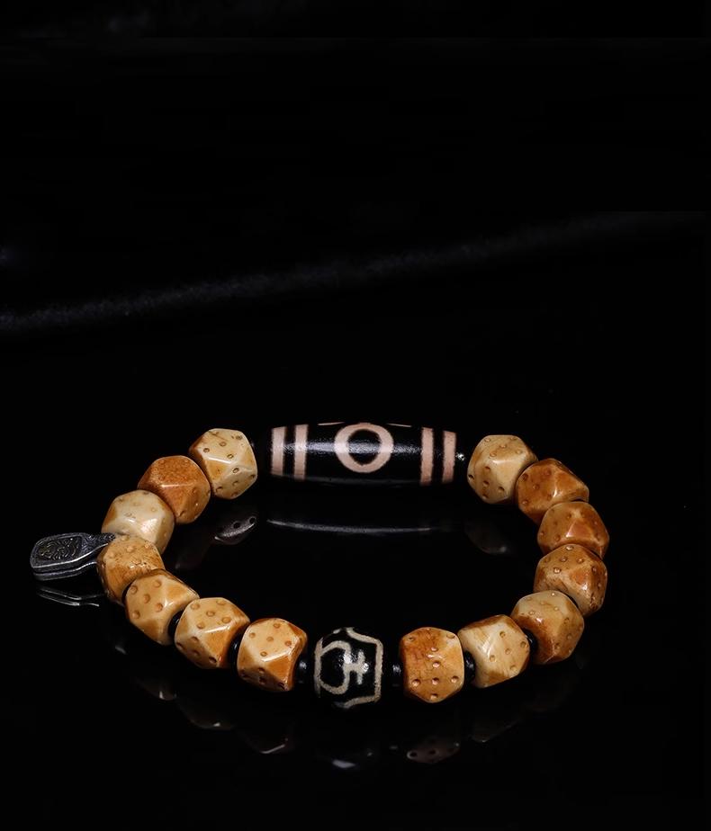 Tibetan Nine-Eyed Dzi Bead & Carved Yak Bone Bracelet – Inspired by Potala Palace Treasures