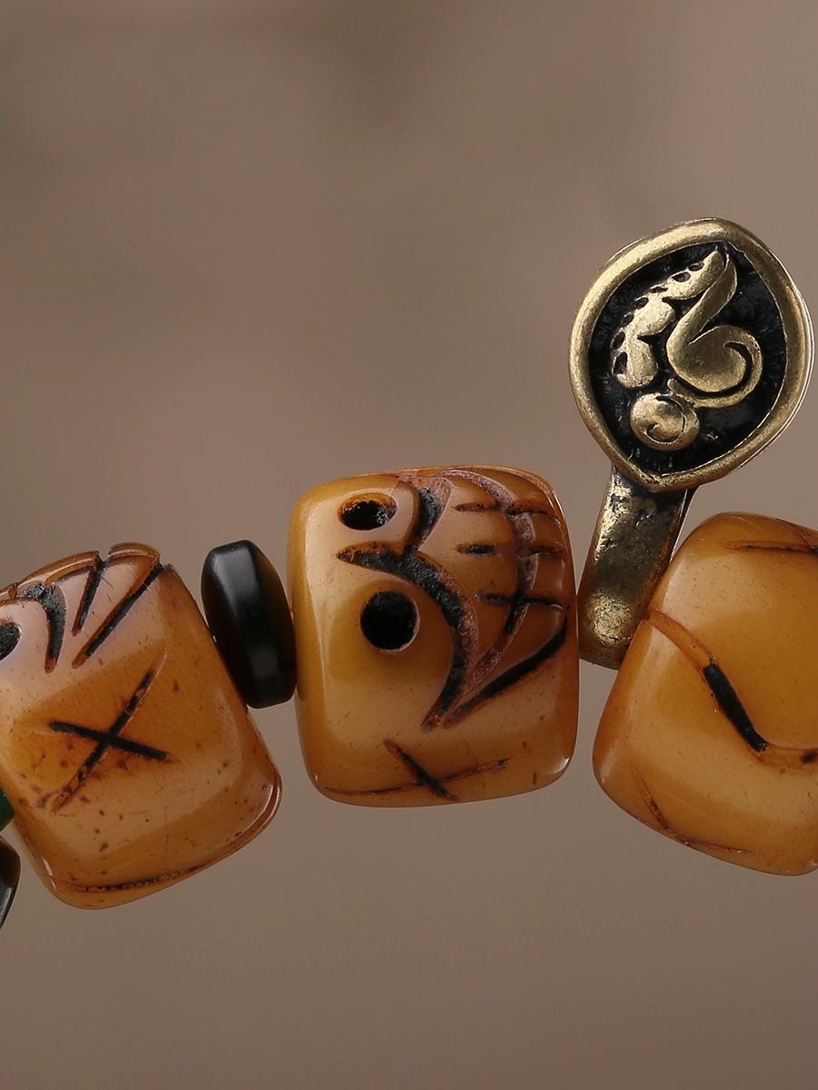 Tibetan Nine-Eyed Dzi Bead & Yak Bone Bracelet – With Potala Palace Ash Bead & Agate Charm