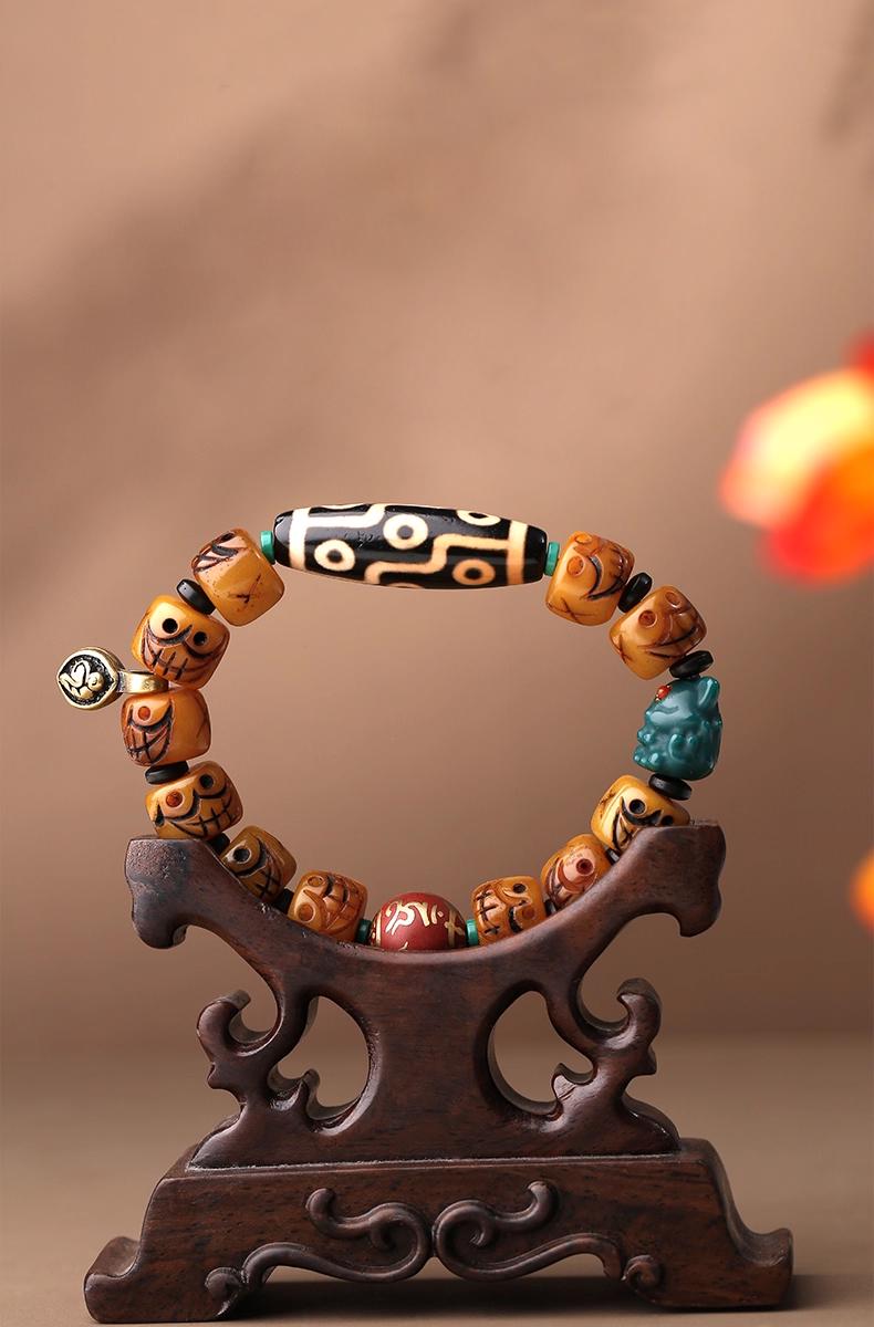 Tibetan Nine-Eyed Dzi Bead & Yak Bone Bracelet – With Potala Palace Ash Bead & Agate Charm