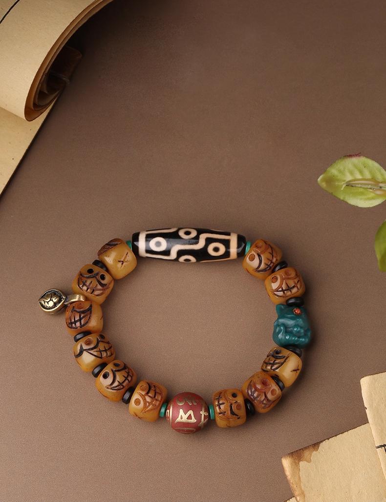 Tibetan Nine-Eyed Dzi Bead & Yak Bone Bracelet – With Potala Palace Ash Bead & Agate Charm