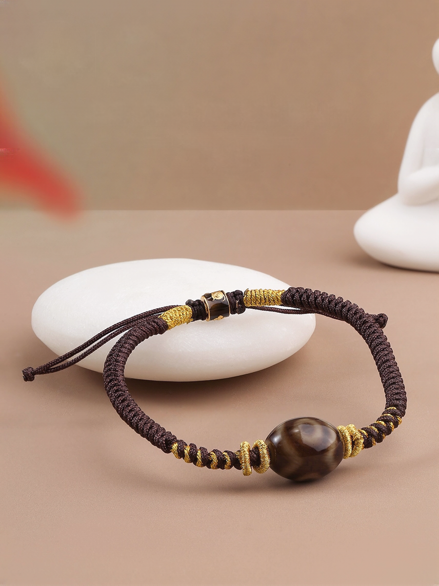 Potala Palace Three-Eye Dzi Bead Bracelet – Tibetan Lucky Amulet Handcrafted Unisex Red & Black Cord Bracelet