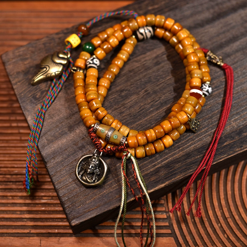 Tibetan Yak Bone 108 Bead Mala Bracelet – Handcrafted Buddhist Prayer Beads with Zajiram Amulet