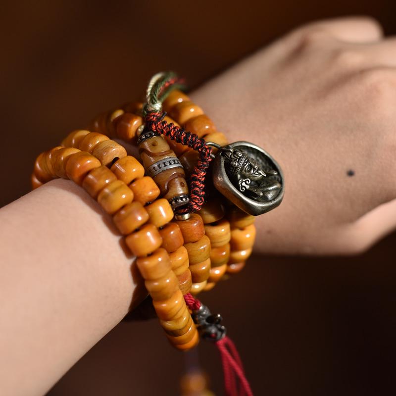 Tibetan Yak Bone 108 Bead Mala Bracelet – Handcrafted Buddhist Prayer Beads with Zajiram Amulet