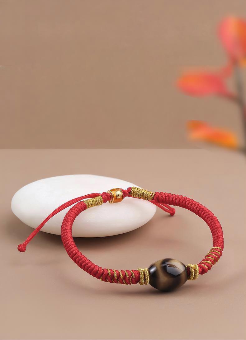 Potala Palace Three-Eye Dzi Bead Bracelet – Tibetan Lucky Amulet Handcrafted Unisex Red & Black Cord Bracelet