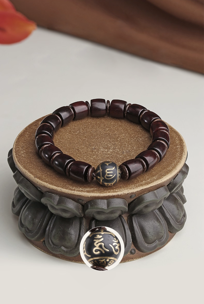 Tibetan Red Sandalwood “Golden Star” Prayer Bead Bracelet – With Mantra Ash Bead & Coconut Spacers