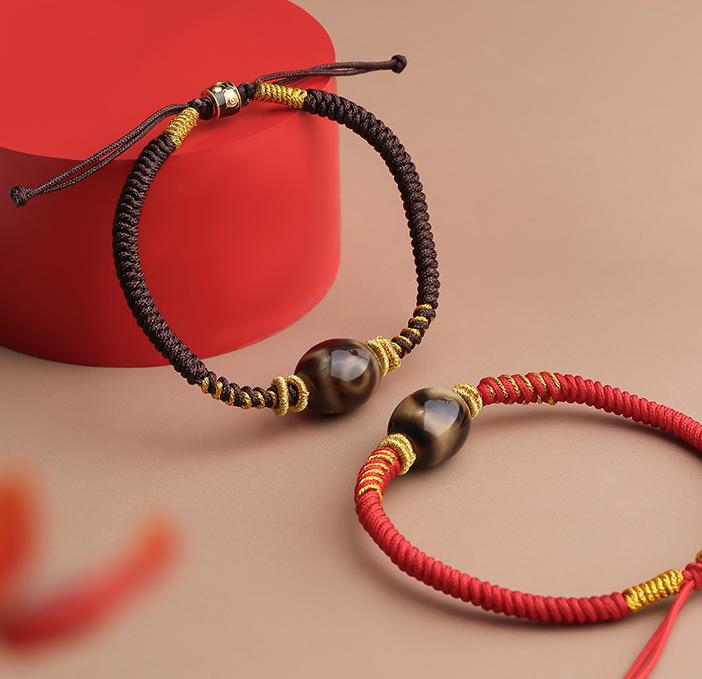 Potala Palace Three-Eye Dzi Bead Bracelet – Tibetan Lucky Amulet Handcrafted Unisex Red & Black Cord Bracelet