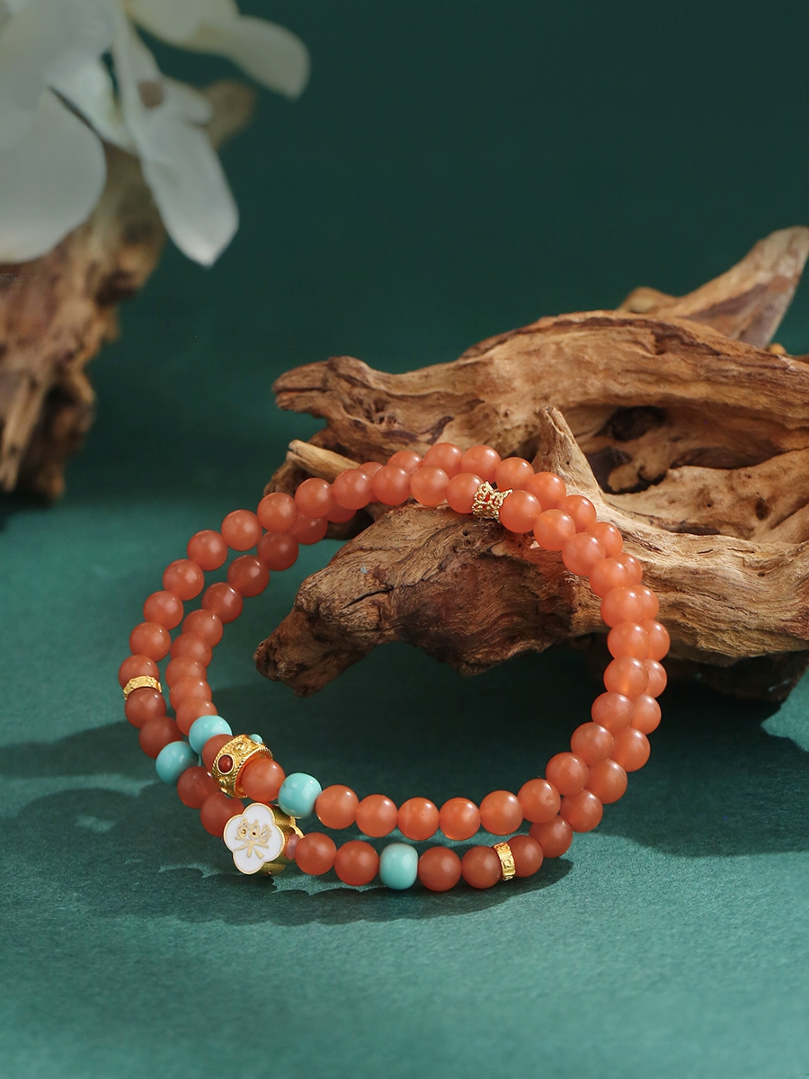 Potala Palace Baoshan South Red Agate & Turquoise Bracelet – Six-Word Mantra Tibetan Beaded Bracelet for Women