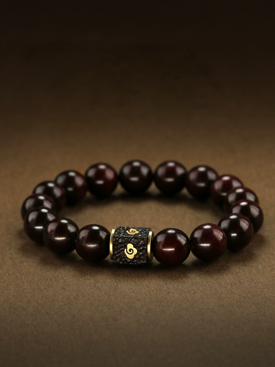 Tibetan Red Sandalwood “Golden Star” Prayer Bead Bracelet – With Mantra Ash Bead & Coconut Spacers