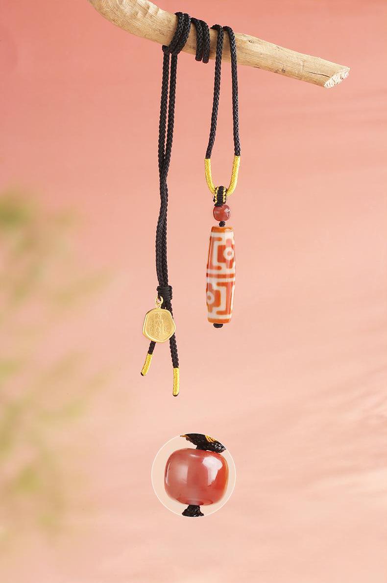Potala Palace Red Coral Four-Eye & Six-Eye Dzi Bead Pendant – Tibetan Lucky Necklace with Agate & 925 Silver, Women’s Adjustable Cord
