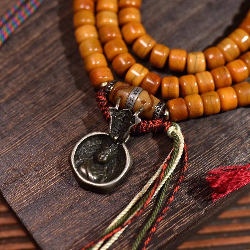 Tibetan Yak Bone 108 Bead Mala Bracelet – Handcrafted Buddhist Prayer Beads with Zajiram Amulet