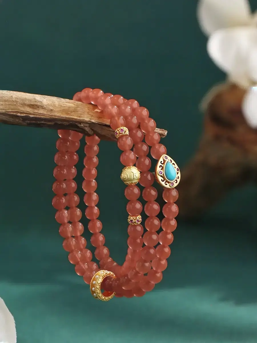 Potala Palace Baoshan South Red Agate & Turquoise Bracelet – Six-Word Mantra Tibetan Beaded Bracelet for Women