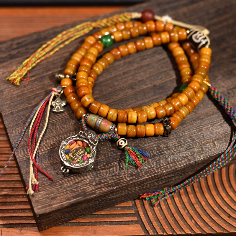 Tibetan Yak Bone 108 Bead Mala Bracelet – Handcrafted Buddhist Prayer Beads with Zajiram Amulet