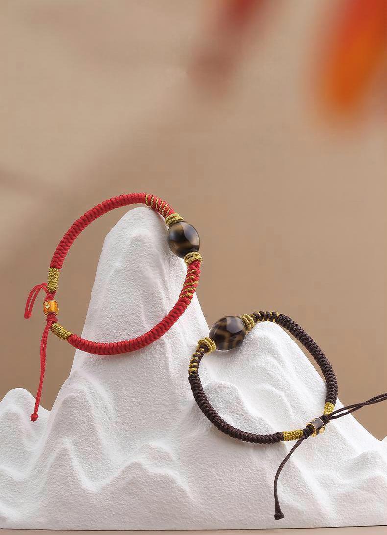 Potala Palace Three-Eye Dzi Bead Bracelet – Tibetan Lucky Amulet Handcrafted Unisex Red & Black Cord Bracelet