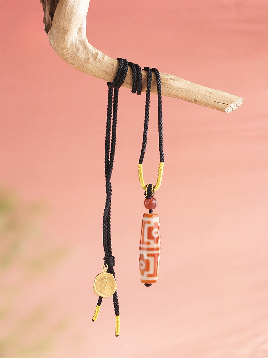 Potala Palace Red Coral Four-Eye & Six-Eye Dzi Bead Pendant – Tibetan Lucky Necklace with Agate & 925 Silver, Women’s Adjustable Cord