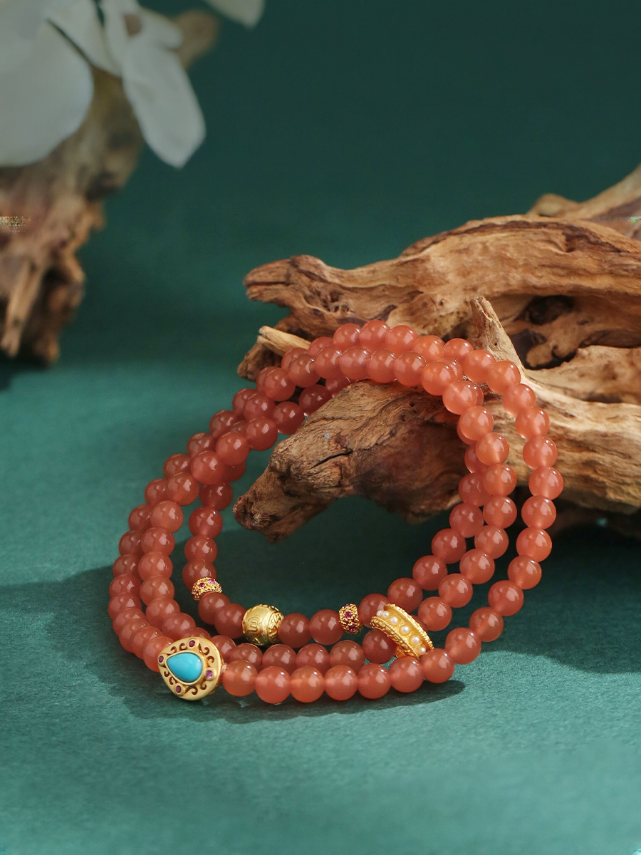 Potala Palace Baoshan South Red Agate & Turquoise Bracelet – Six-Word Mantra Tibetan Beaded Bracelet for Women
