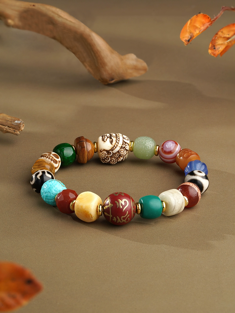 Tibetan Yak Bone & Gemstone Treasure Bead Bracelet – With Red Ash Mantra Bead