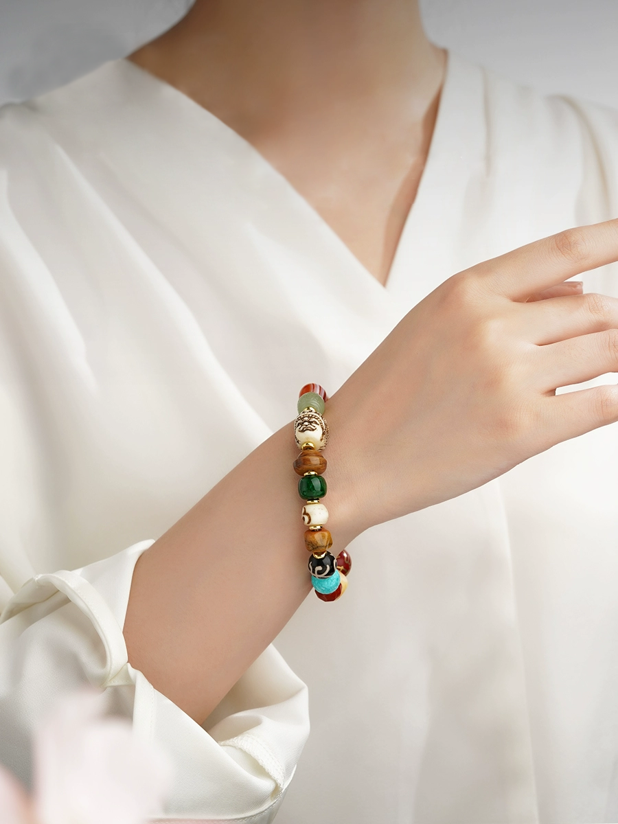Tibetan Yak Bone & Gemstone Treasure Bead Bracelet – With Red Ash Mantra Bead
