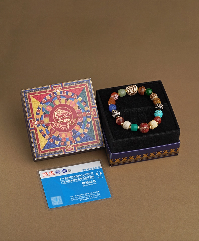 Tibetan Yak Bone & Gemstone Treasure Bead Bracelet – With Red Ash Mantra Bead