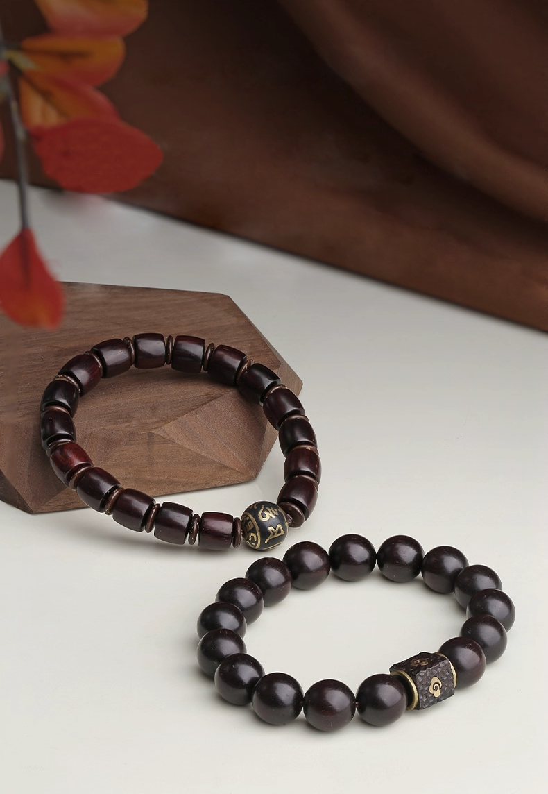 Tibetan Red Sandalwood “Golden Star” Prayer Bead Bracelet – With Mantra Ash Bead & Coconut Spacers