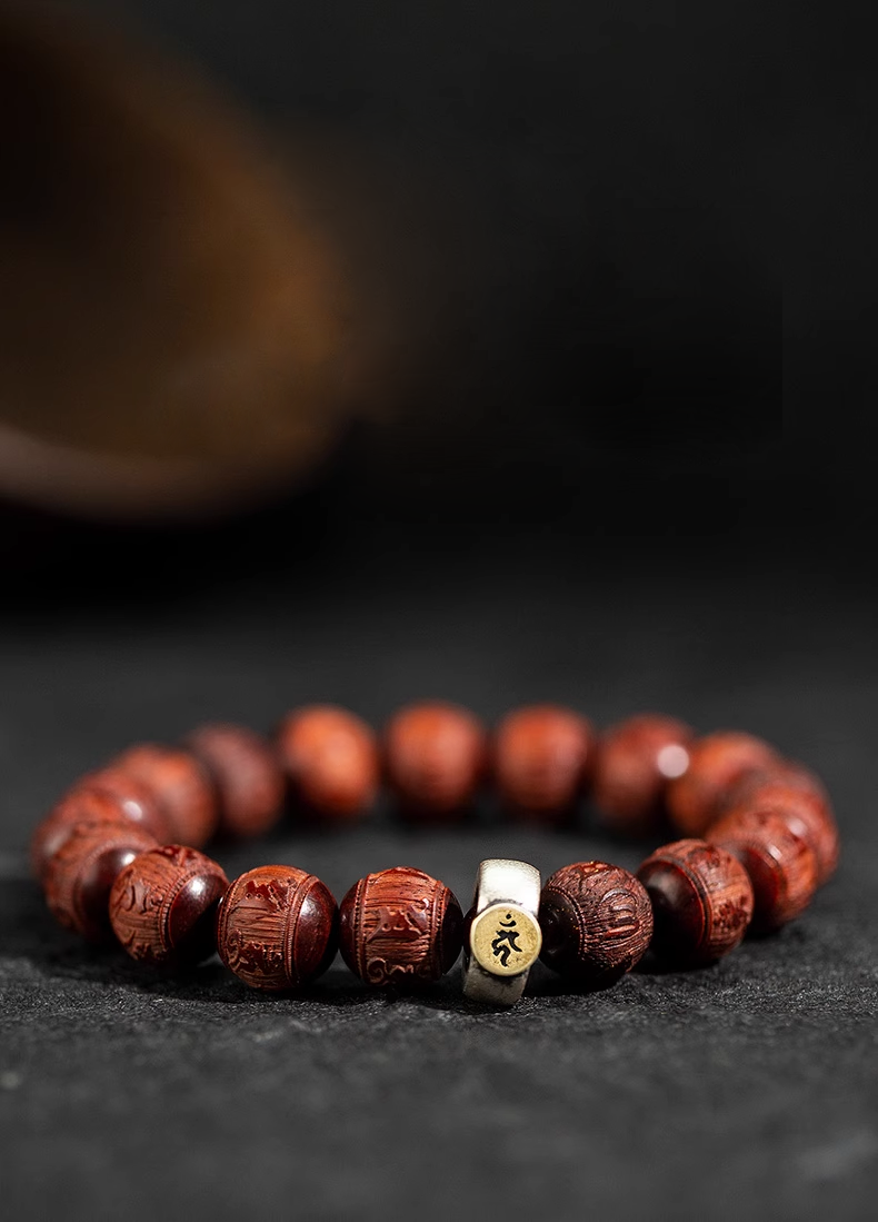 Tibetan Red Sandalwood Six-Word Mantra Bead Bracelet – Sacred Protection & Meditation