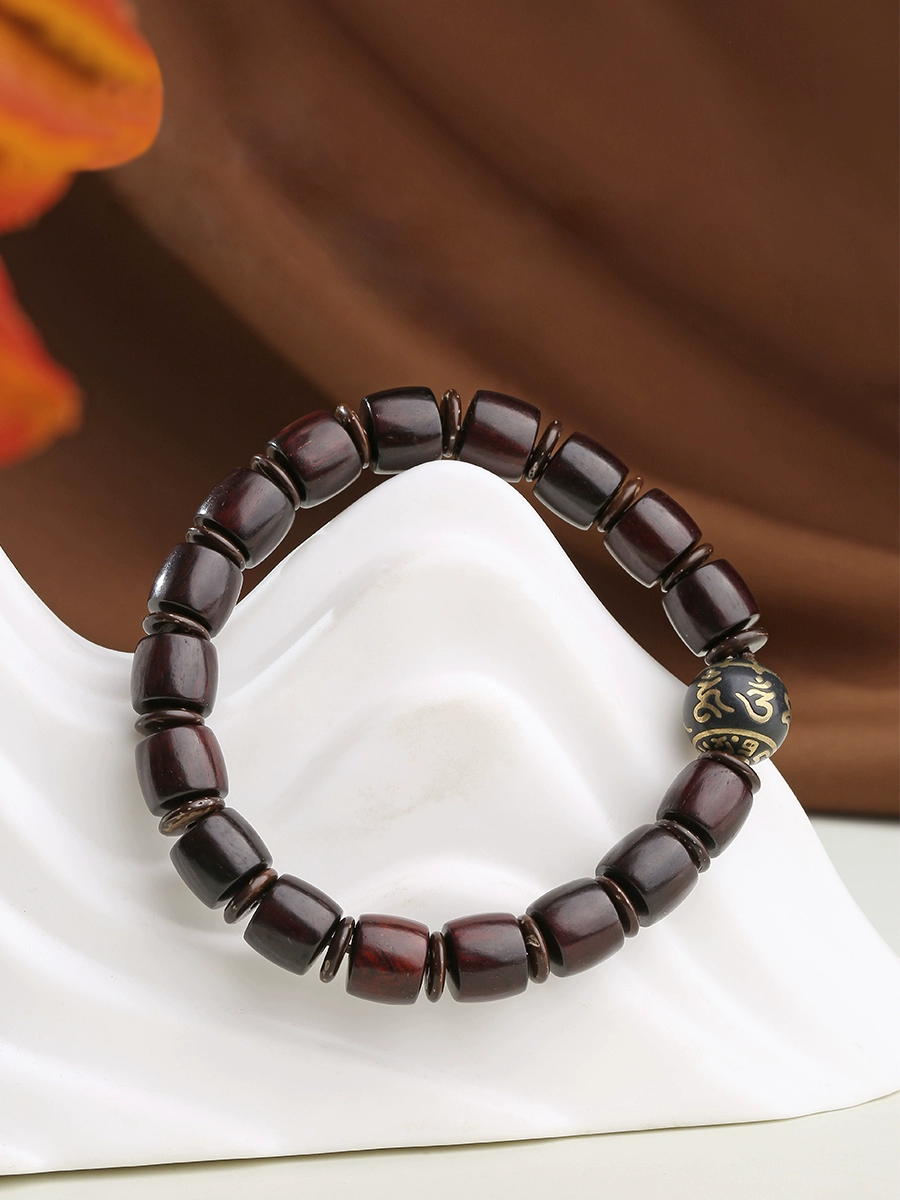 Tibetan Red Sandalwood “Golden Star” Prayer Bead Bracelet – With Mantra Ash Bead & Coconut Spacers